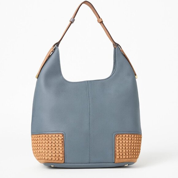 C Handbags - Blue Faux Leather Hobo Bag with Woven Rattan-Style Bottom Panels – Casual Should